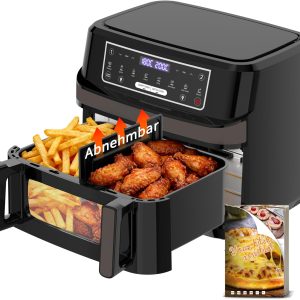 Air Fryer 12L | XXL Air Fryer Flexible Mode 1 or 2 Zone. 2600W Double Resistance Independent Control Window & Interior Light. Large Air Fryer 8-in-1 Touch Control Recipe Book