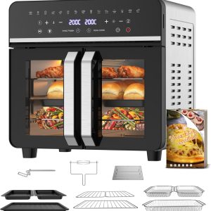 Air Fryer 23L XXL Mini Oven with French Doors. 2600W Dual Zone Air Fryer with Smart-Touch. Sync Finish. 15 Programs. Recipe Book & 13 Accessories Included. Metal